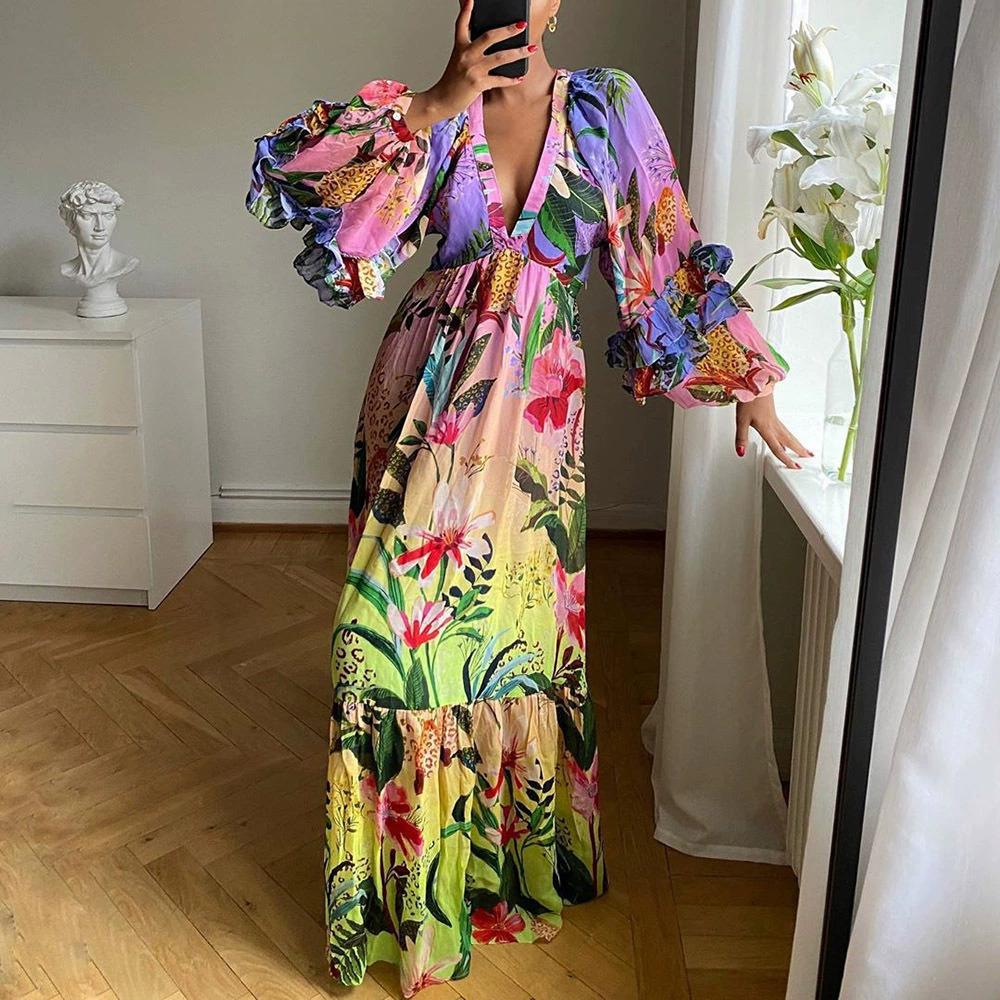 ZARA Summer Printed Ombre Ruffle Collar Sexy Slimming Long Dress